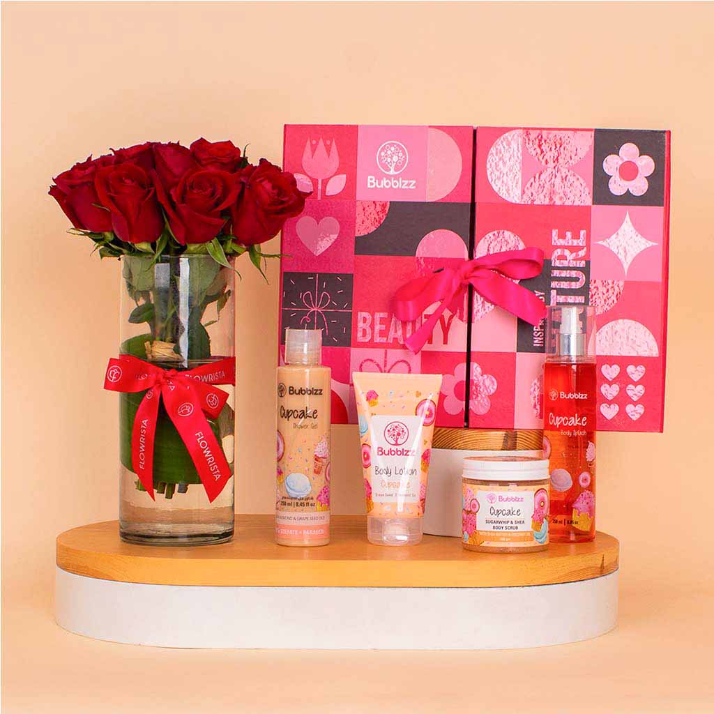 product-image-Bubblzz Cupcake Body Care Collection & Red Roses Vase