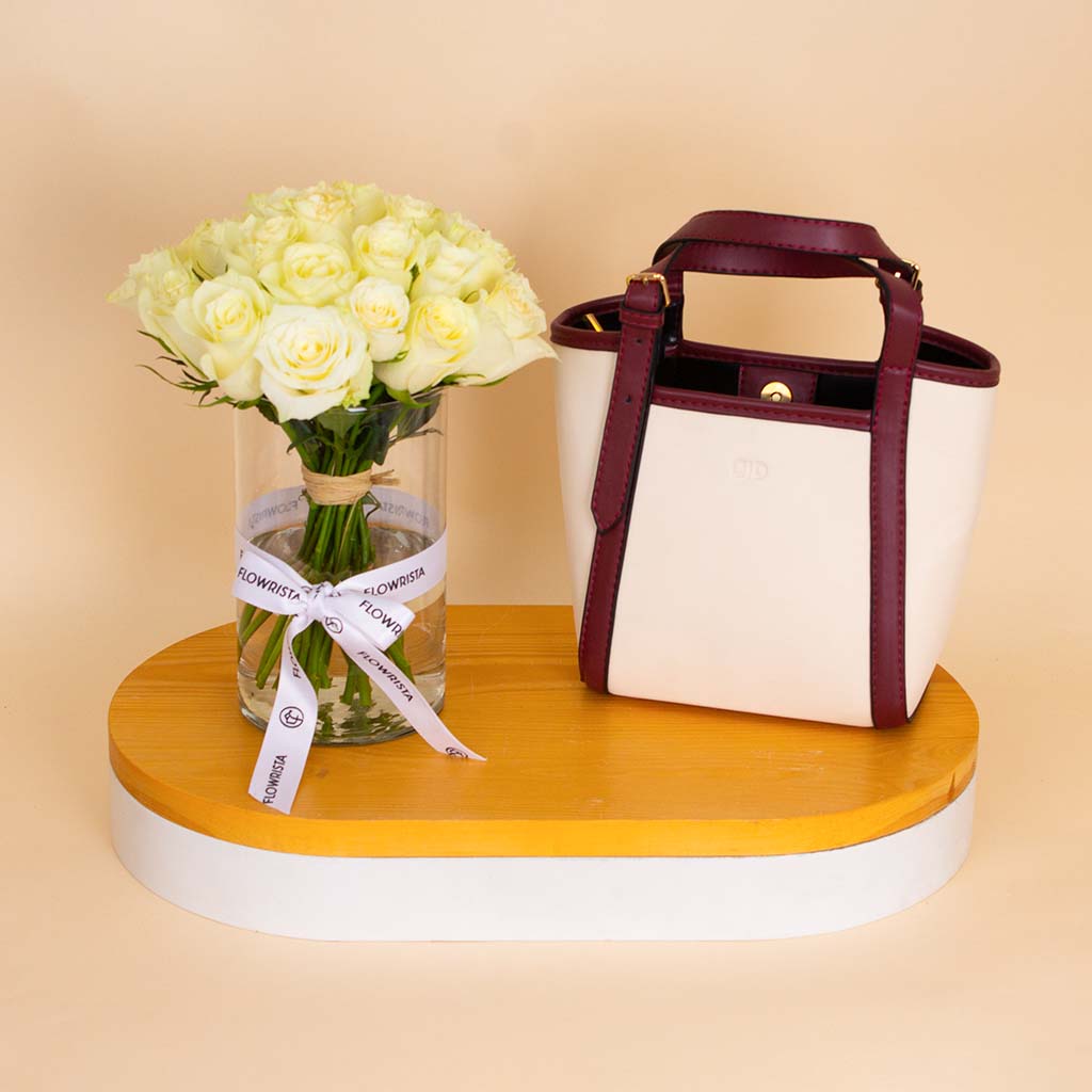 product-image-Alamki Velda Burgundy Bag & White Roses Vase