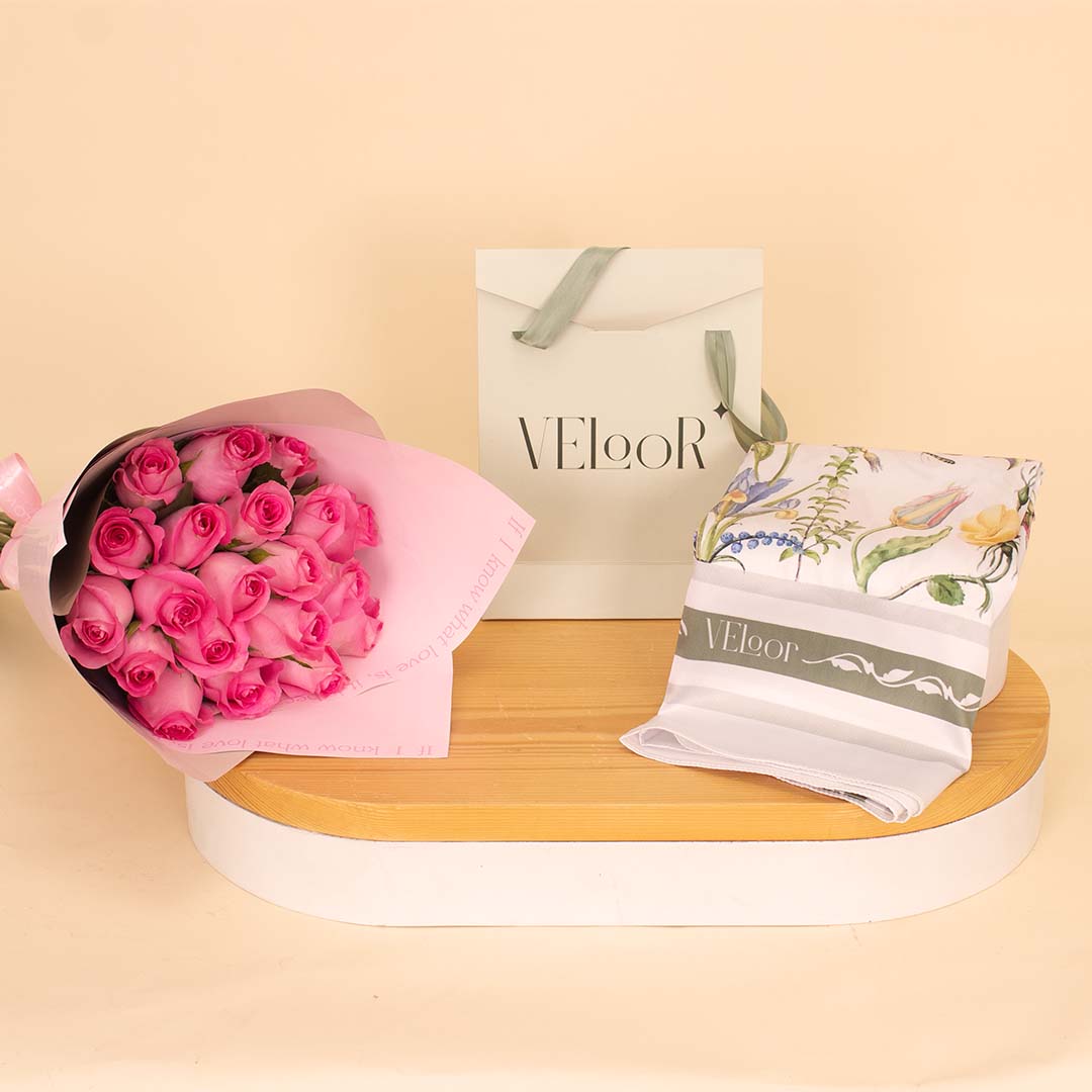 product-image-سكارف Flora مع بوكيه ورد 20 وردة وردية