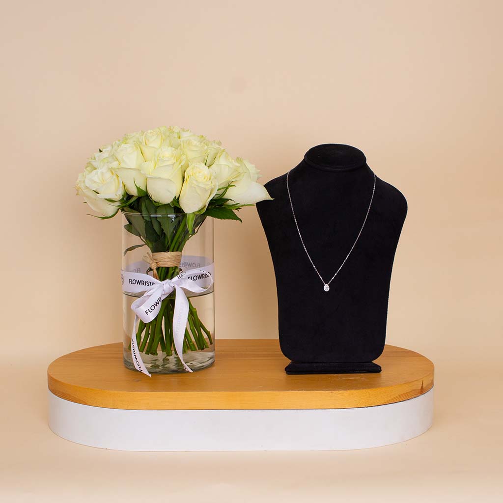 Flowrista Online Flowers Shop Markiz Silver Necklace & White Roses Vase