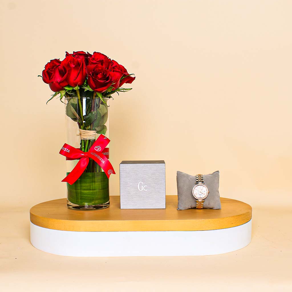 Flowrista Online Flowers Shop Guess Women's Wristwatch  | A vase of 15 red roses