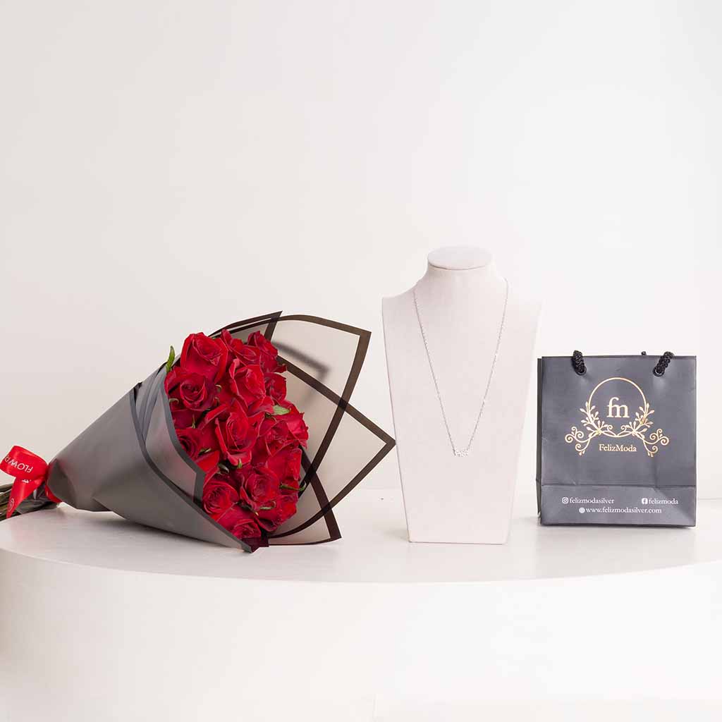 product-image-Felizmoda Three-Flower Silver Necklace & Red Roses Bouquet
