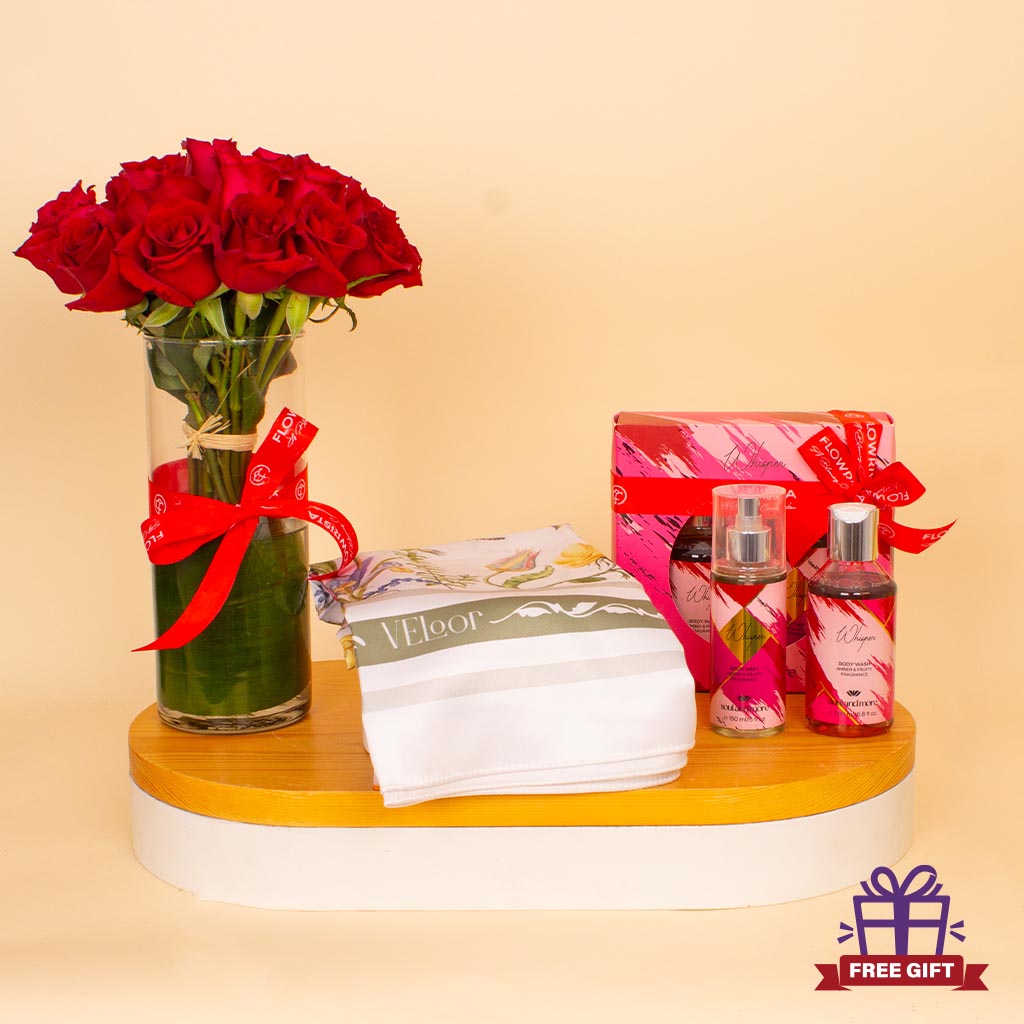 Flowrista Online Flowers Shop Whisper & Roses Elegance Bundle - Velour Floral Scarf & Soul & More Whisper Set & Red Roses