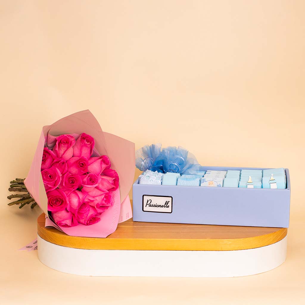 product-image-Passionelle Chocolate Baby Boy 1kg & Pink Roses Bouquet