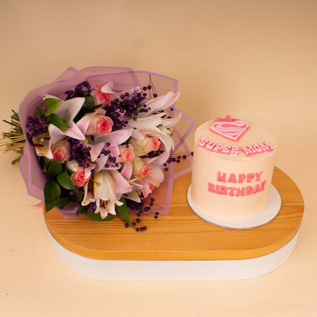 product-image-Ninos Super Mom Cake & Pink Roses & Lilies Bouquet