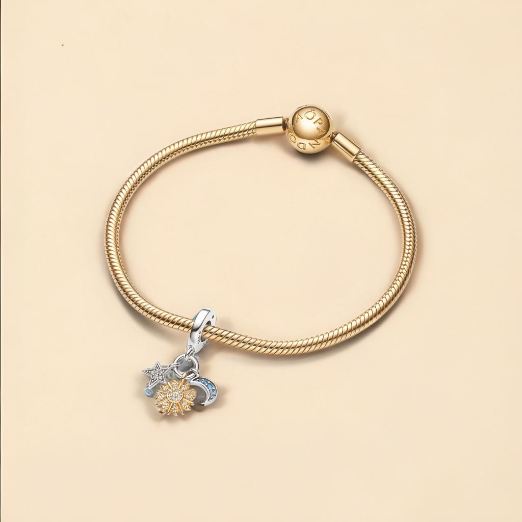 product-image-Pandora Two tone Celestial Triple Dangle Charm 14k Gold Plating