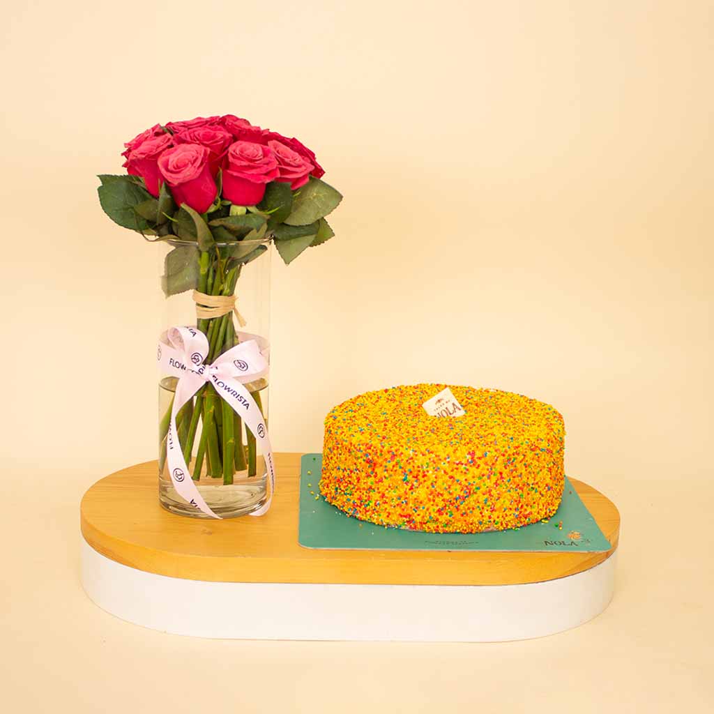 product-image-Nola Rainbow Cake & Fuchsia Roses Vase