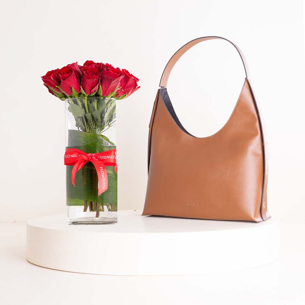 Flowrista Online Flowers Shop Minilet Leather Bag With Eyelets Brown & Red Roses Vase