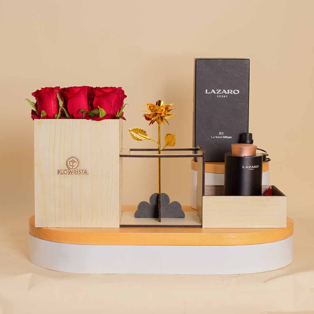 Flowrista Online Flowers Shop Lazaro Z1 Car Scent Diffuser Black & 9 Roses And Golden Flower