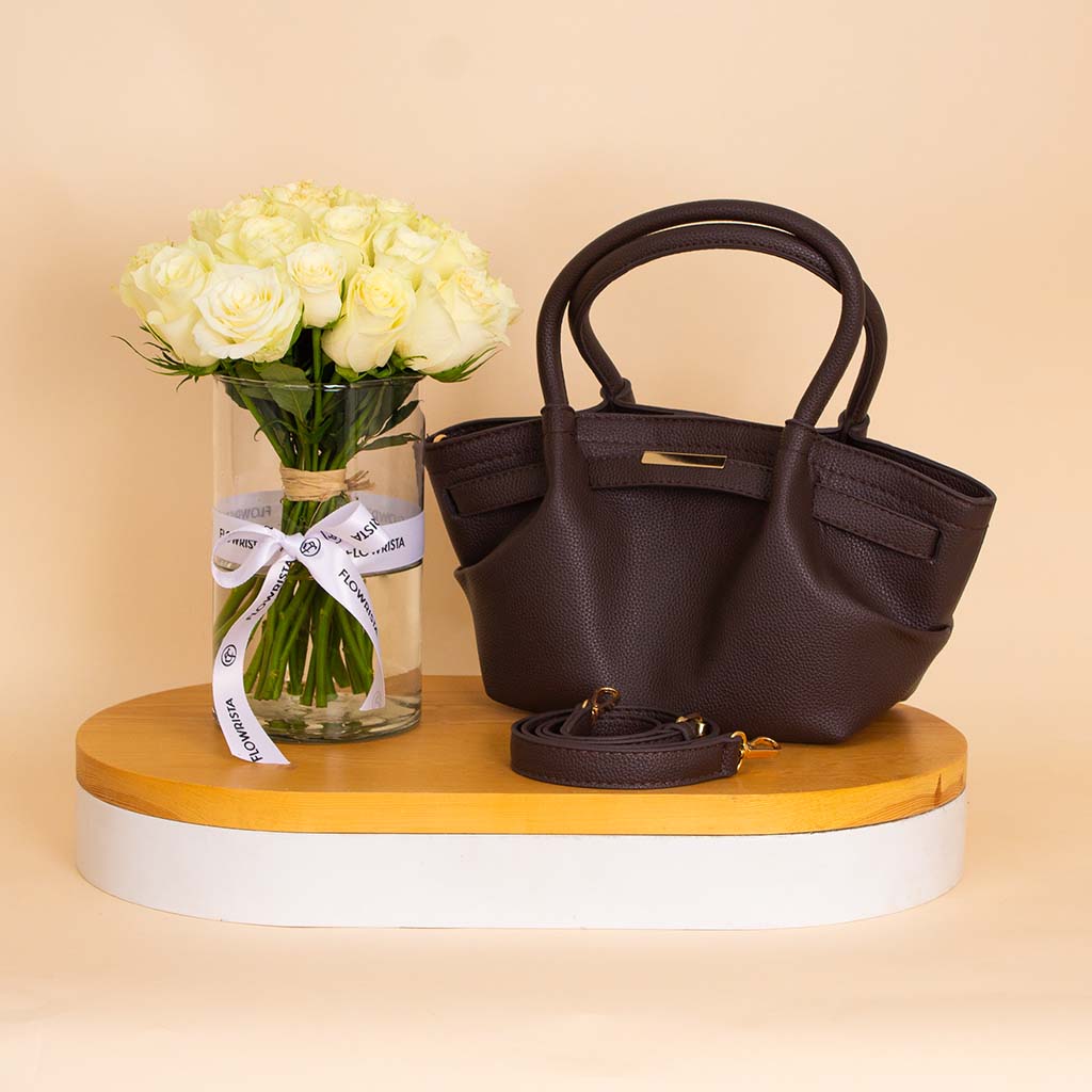 product-image-Alamki Alice Bag Brown & White Roses Vase