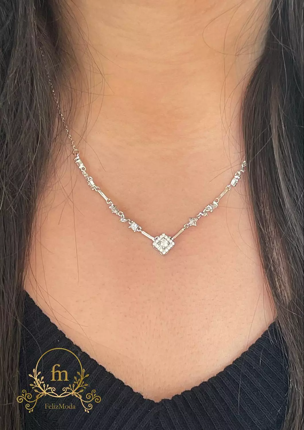 product-image-Square pendant with side multiple zircon stones silver necklace