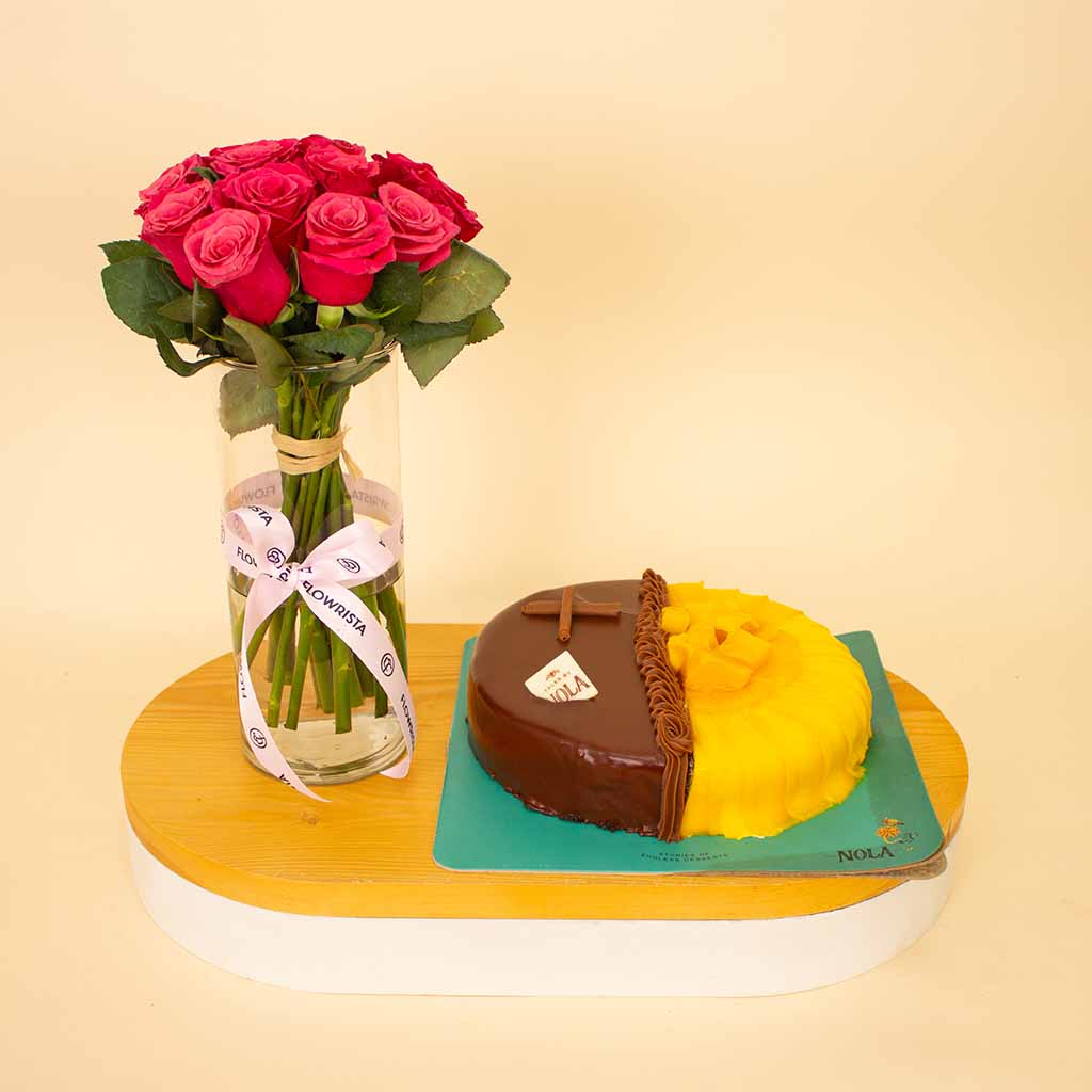 product-image-Half & Half Mango–Chocolate Cake & Fuchsia Roses Vase