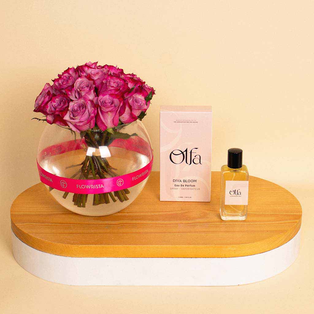 product-image-Olfa Diva Bloom | Perfume & Bowl Vase with 20 Purple Flowers
