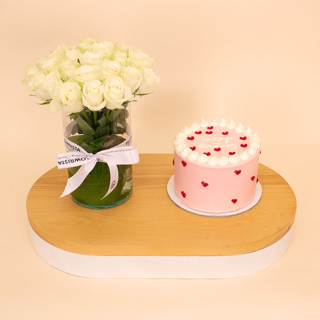 product-image-Ninos Heart-Dotted Birthday Cake & 15 White Roses Vase