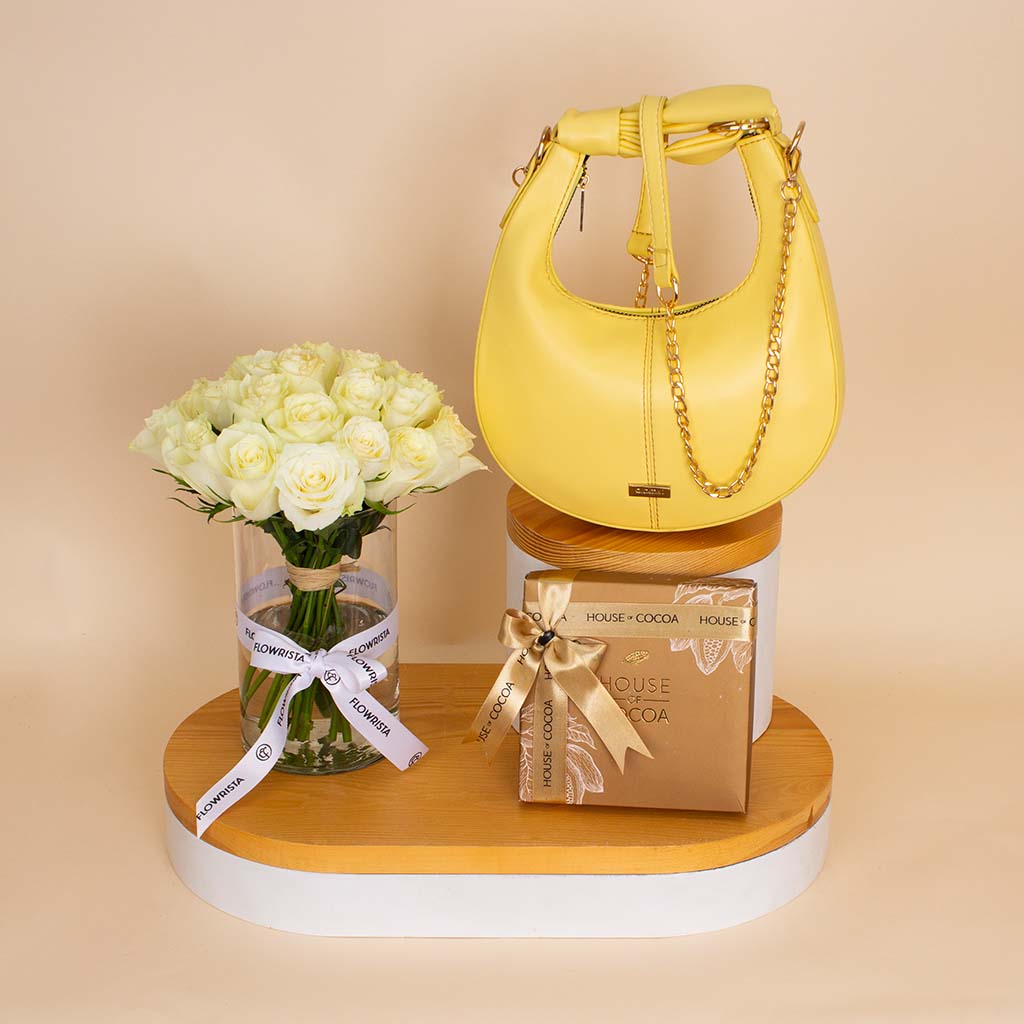 product-image-Alamki Bella Yellow Bag & White Roses Vase & House of Cocoa Chocolate Box