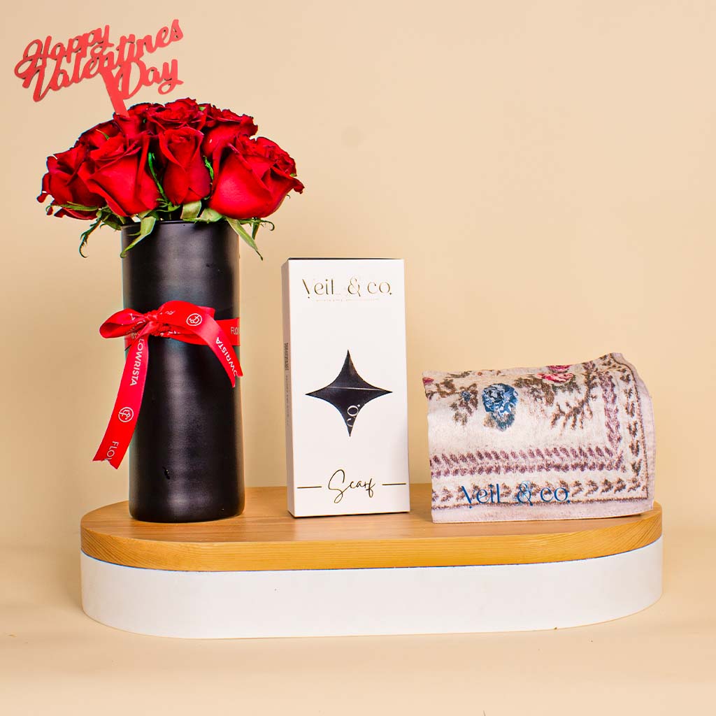 Flowrista Online Flowers Shop Veil & Co Imperial silk hijab | Valentine's Red Vase