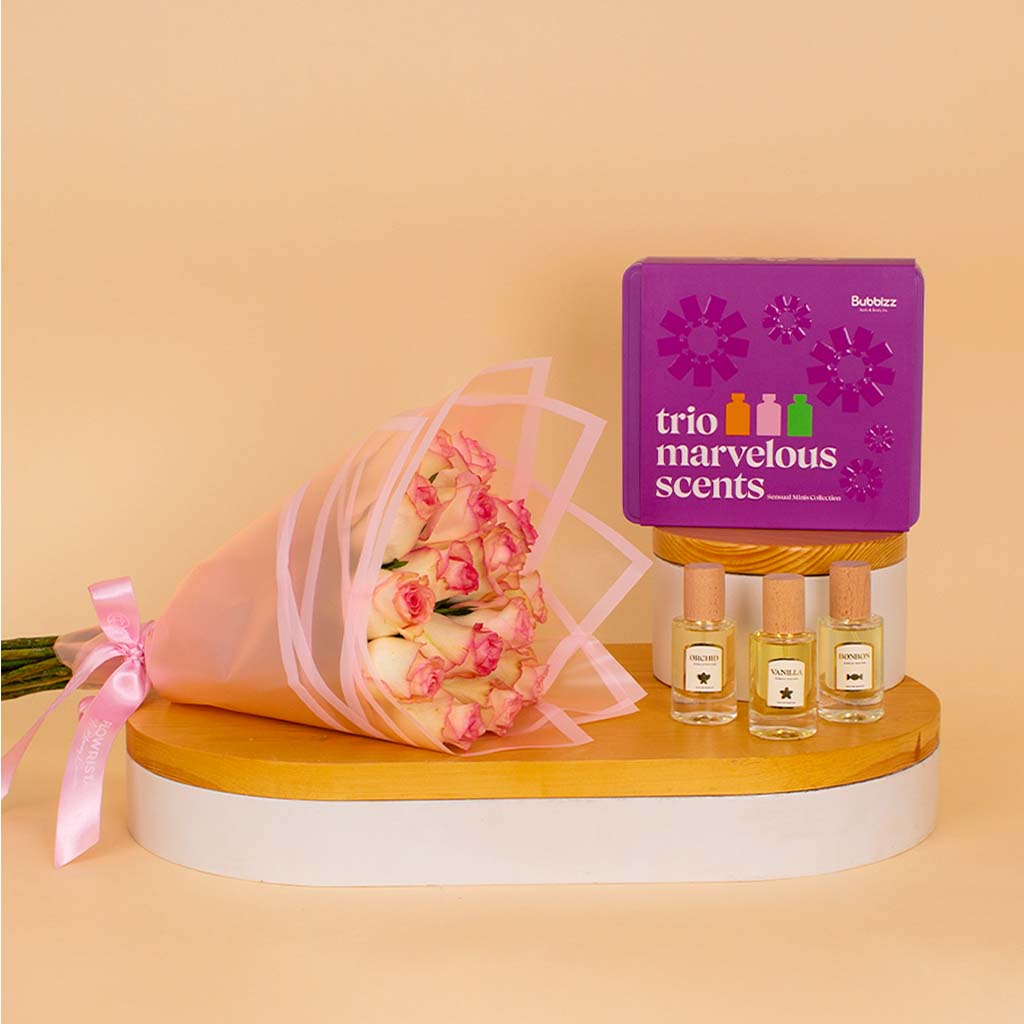 Flowrista Online Flowers Shop Bubblzz Trio Marvelous Scents Sensual Minis Collection & Pink Roses