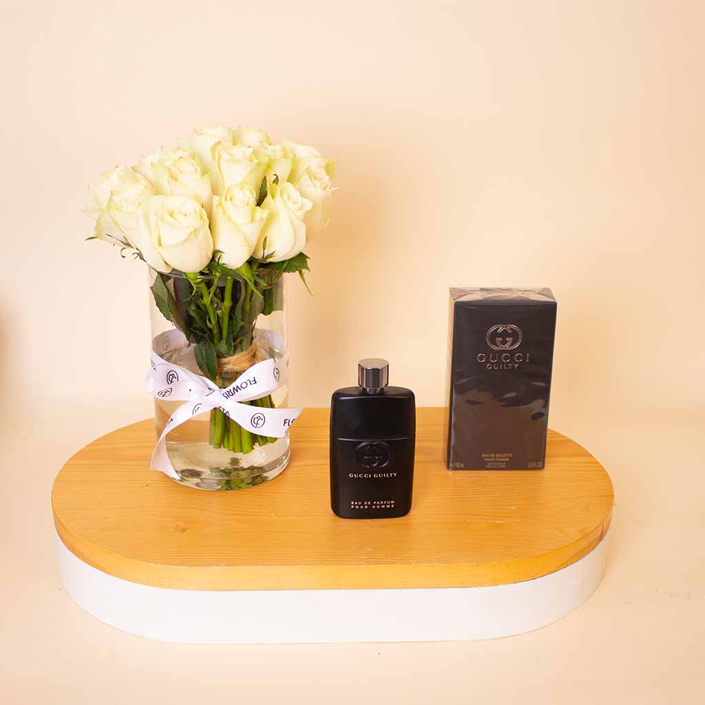product-image-عطر غوتشي غيلتي للرجال، ١٥٠ مل مع مزهرية ورود بيضاء
