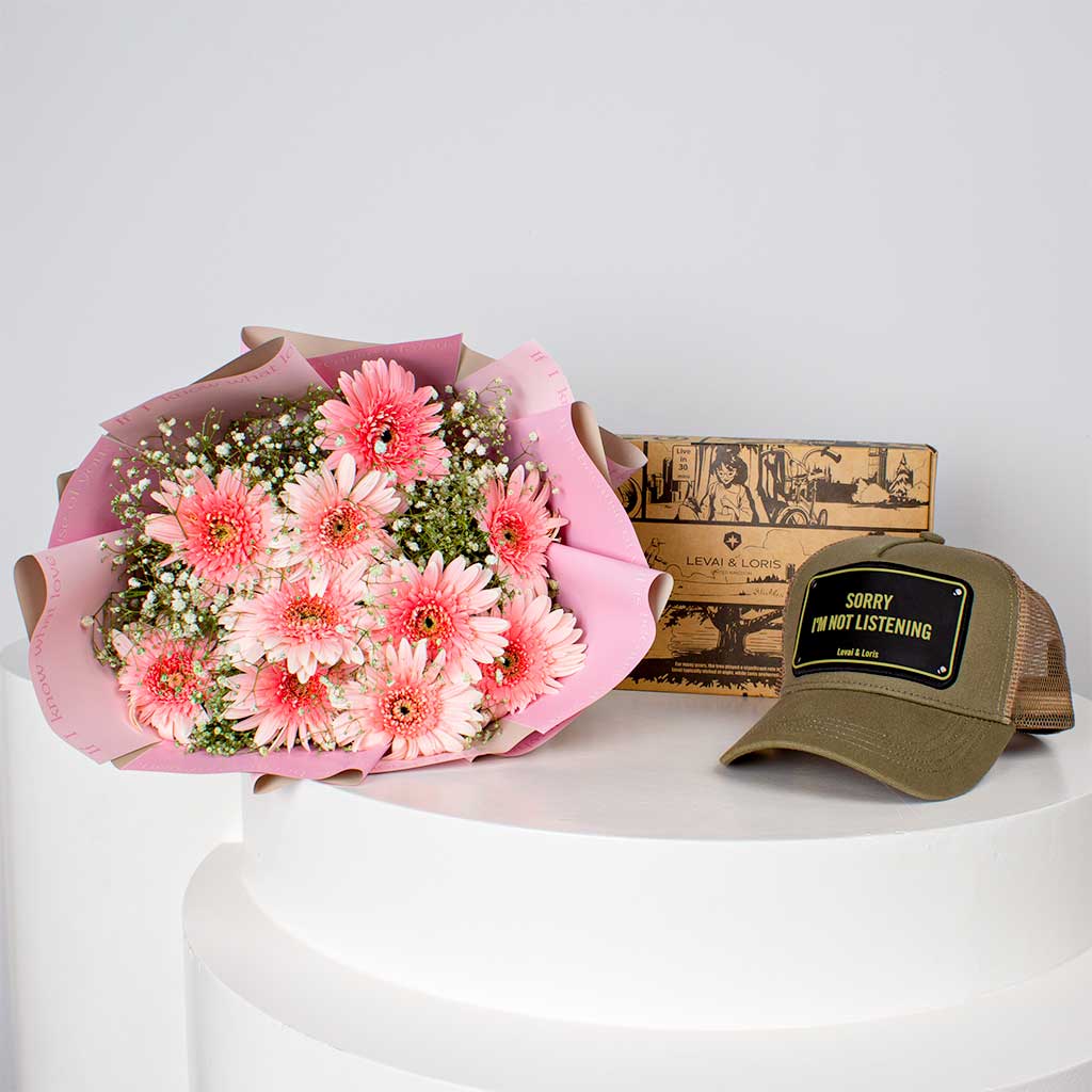 product-image-Levai & Loris Sorry I’m Not Listening Cap & 10 Gerberas Bouquet
