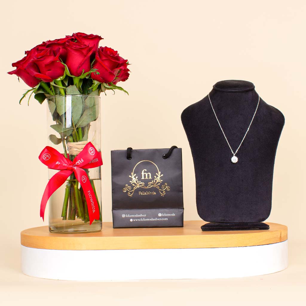 Flowrista Online Flowers Shop Feliz Moda Shiny stones round pendant silver necklace | Red flower vase