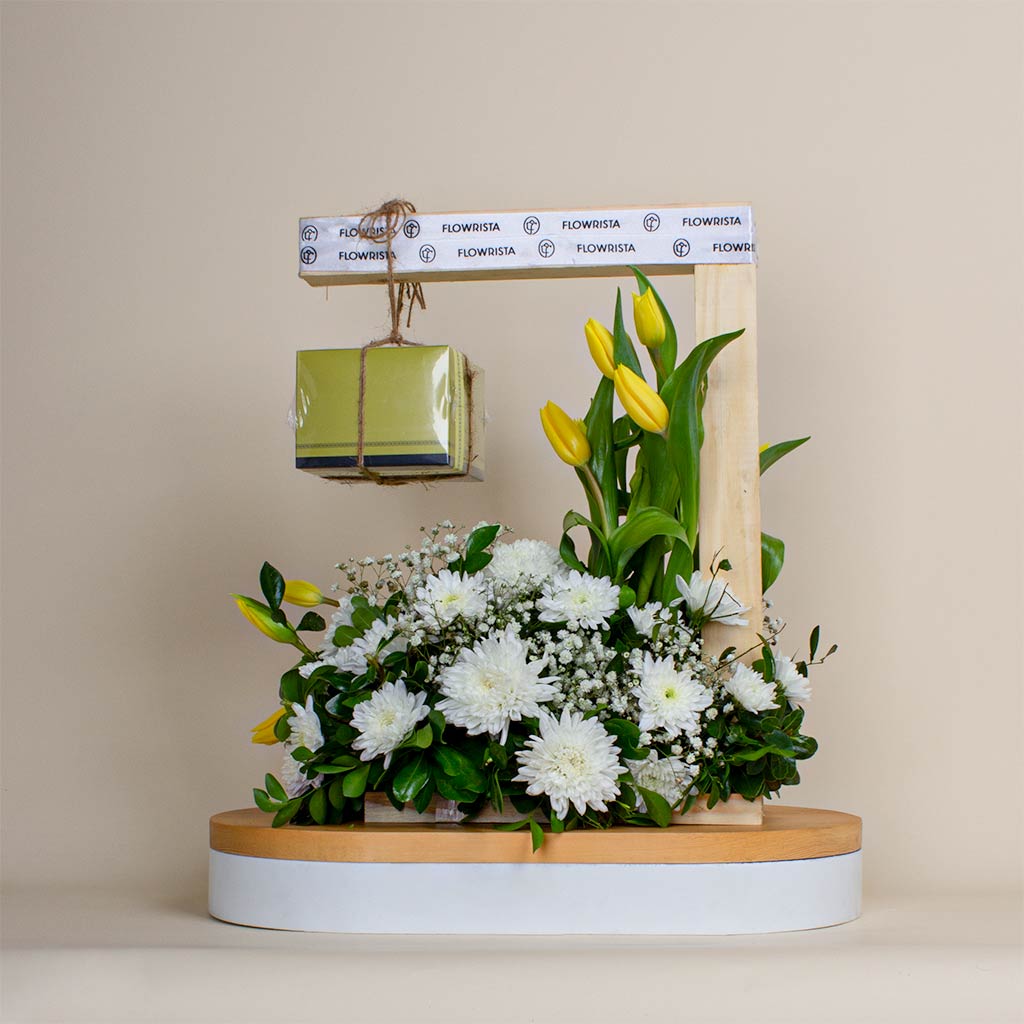 Flowrista Online Flowers Shop Patchi Chocolate Box 500g and yellow tulips