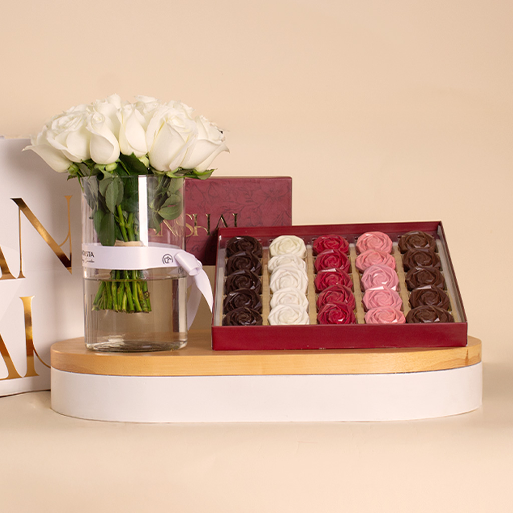 product-image-Shanshal Chocolate Flowers & 20 White Roses Vase