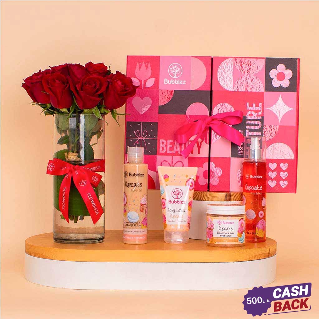 product-image-Bubblzz Cupcake Body Care Collection & Red Roses Vase