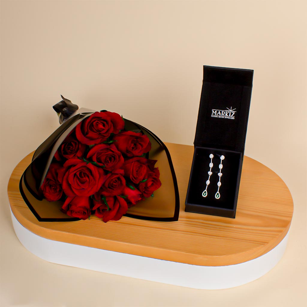 product-image-أقراط ماركيز شاين وباقة ورود حمراء