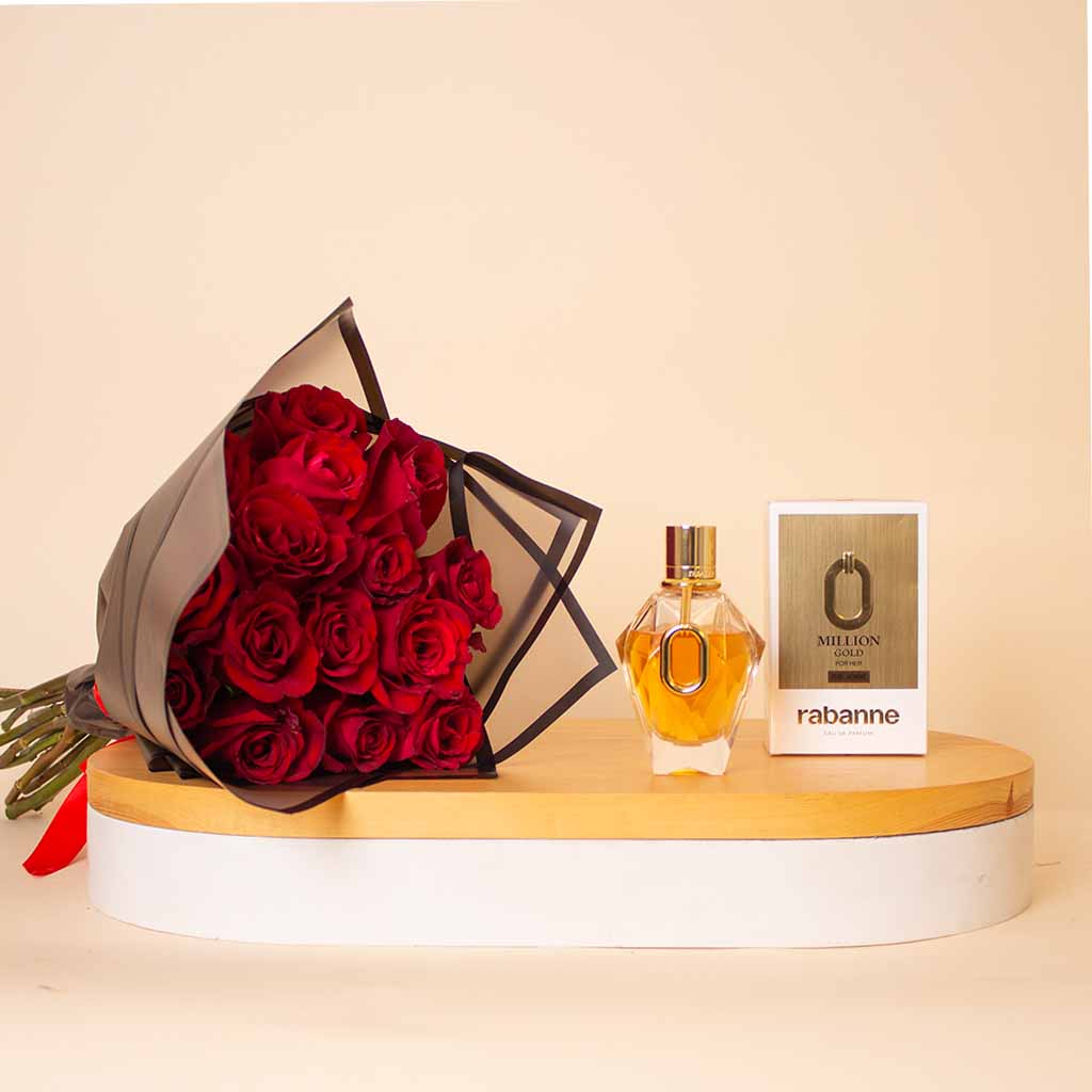 Flowrista Online Flowers Shop عطر باكو رابان مليون جولد للنساء أو دو برفيوم 90 مل مع باقة ورود
