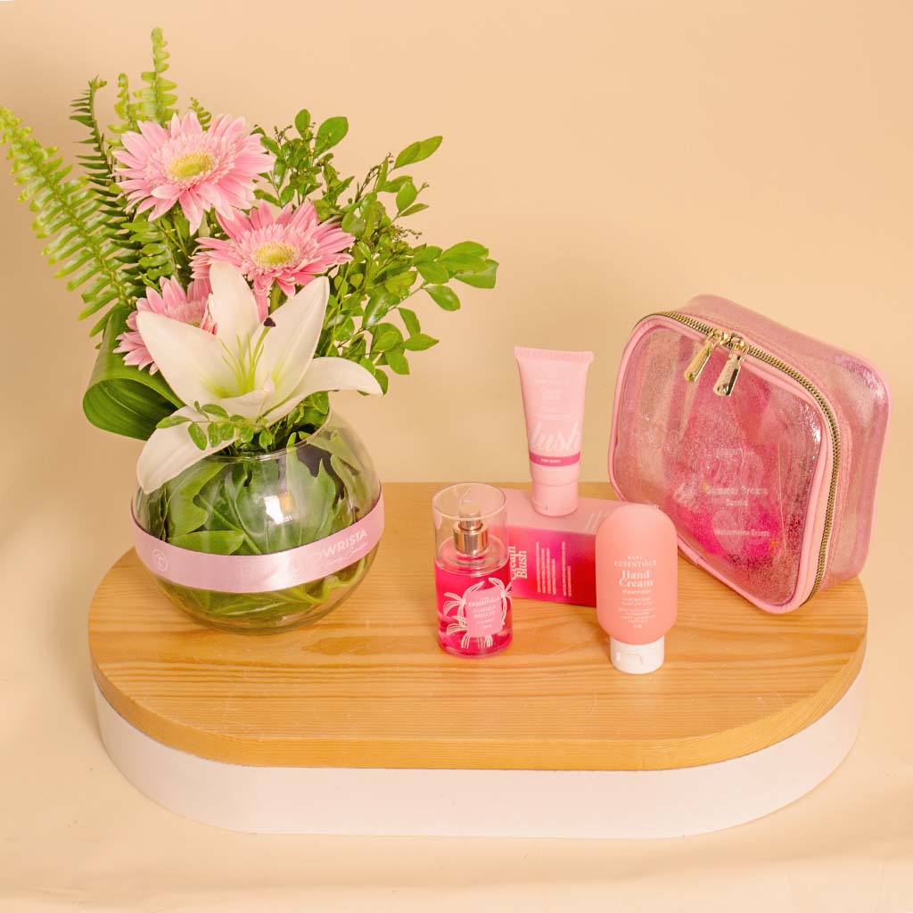 product-image-Essentials Summer Breeze Barbie Glitter Pouch |  Glass Vase with Gerbera and Lily