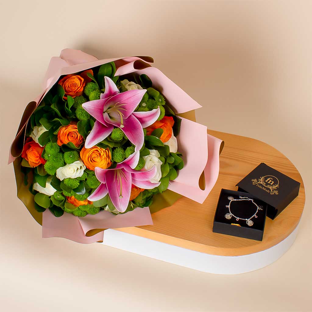 product-image-Luxury Gift Set – Silver Bracelet with Pink Stones & Colorful Roses