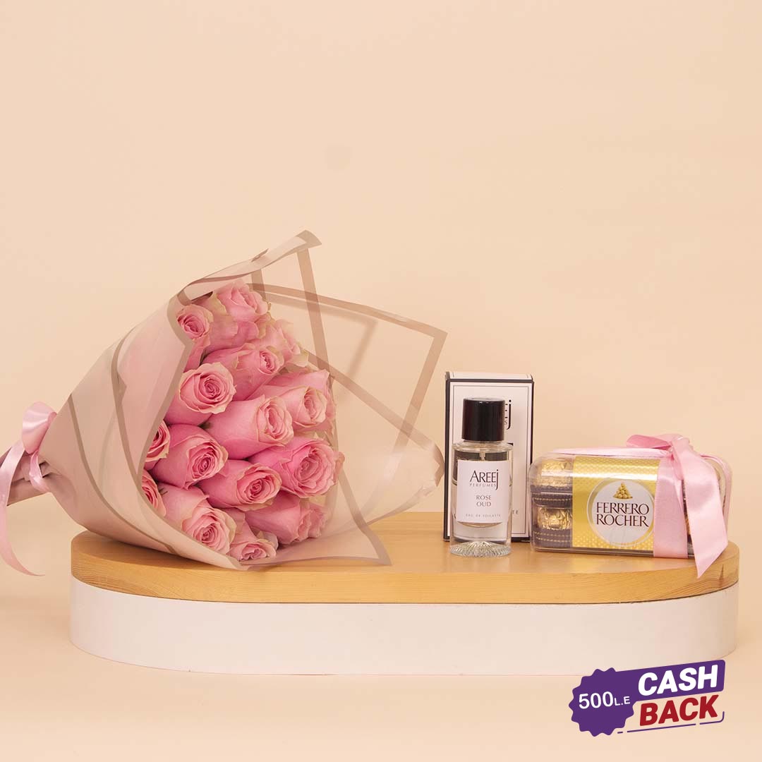 product-image-Areej Gift of Fragrance, Ferrero Rocher Chocolates & Pink Roses