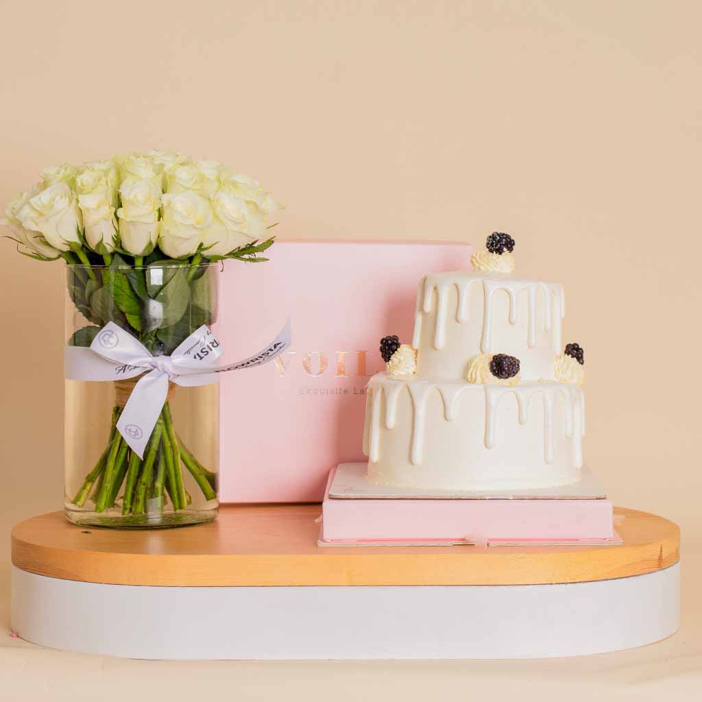product-image-Voila Victorian Drip Cake & Vase Of 25 White Roses
