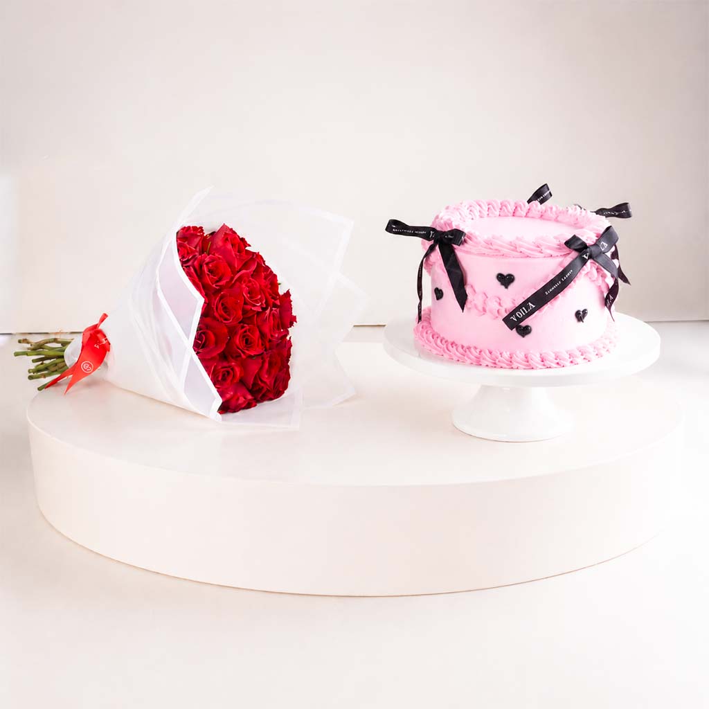 product-image-Voila Blush Cocoa Cake & 15 Red Roses Hand Bouquet