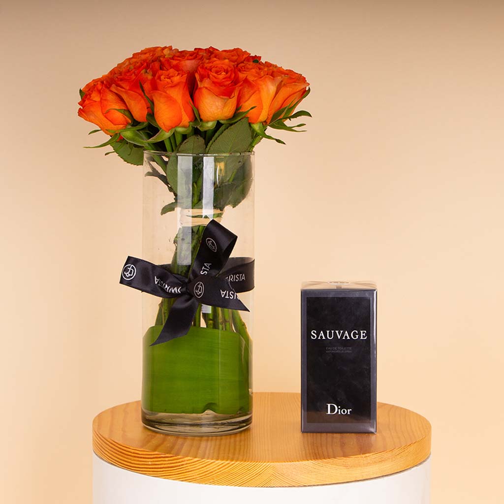 product-image-Dior Sauvage Eau de Toilette for Men 100 ml & Orange Roses Vase