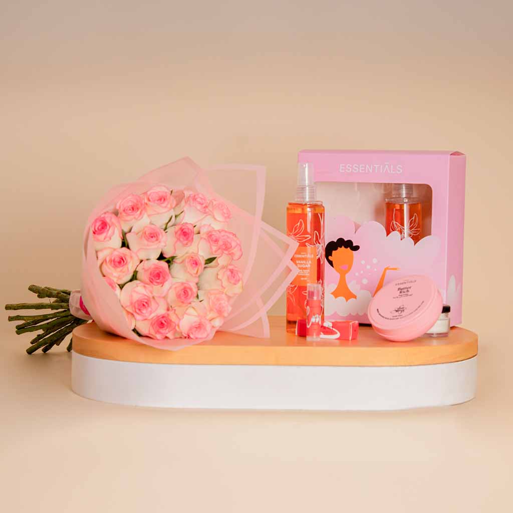 Flowrista Online Flowers Shop Wild Berries Hydration Trio Essentials Butter Splash Set | Light Pink Bouquet
