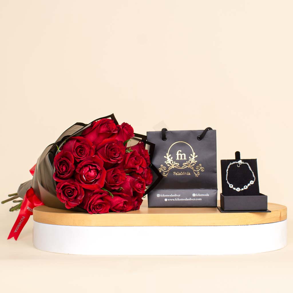 Flowrista Online Flowers Shop مجموعة هدايا عيد الحب من فيليز مودا - سوار فضي و15 وردة حمراء