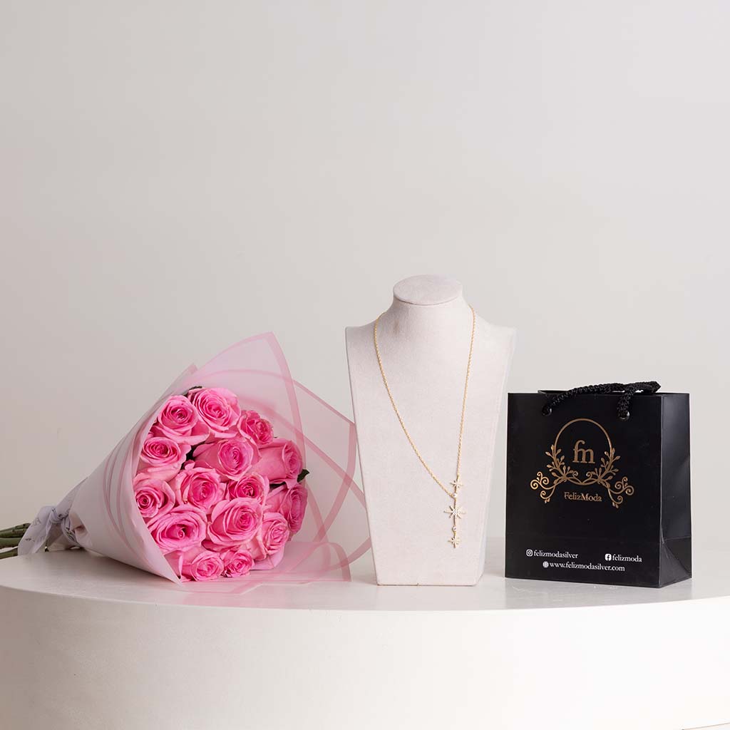 Flowrista Online Flowers Shop عقد ثلاث نجمات مطلي بالذهب | بوكيه ورد زهري فاتح