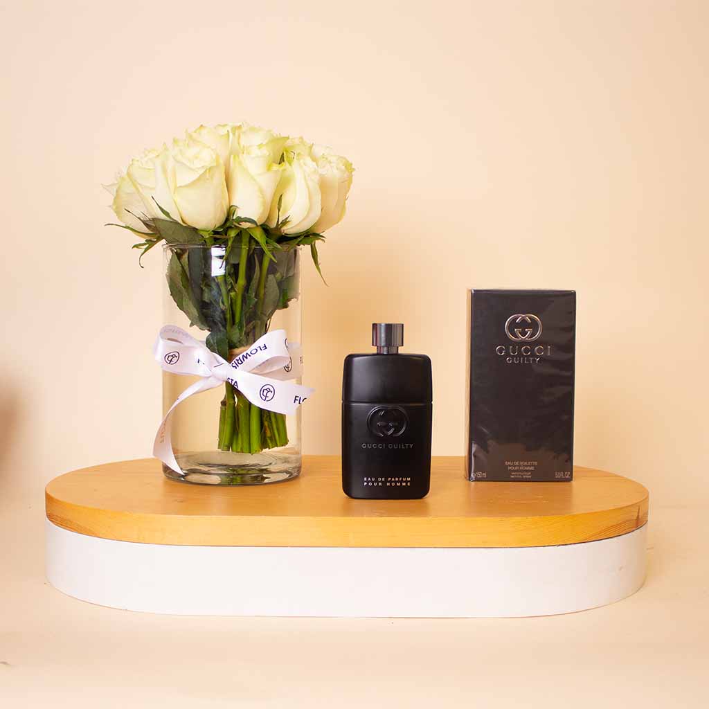 product-image-عطر غوتشي غيلتي للرجال، ١٥٠ مل مع مزهرية ورود بيضاء