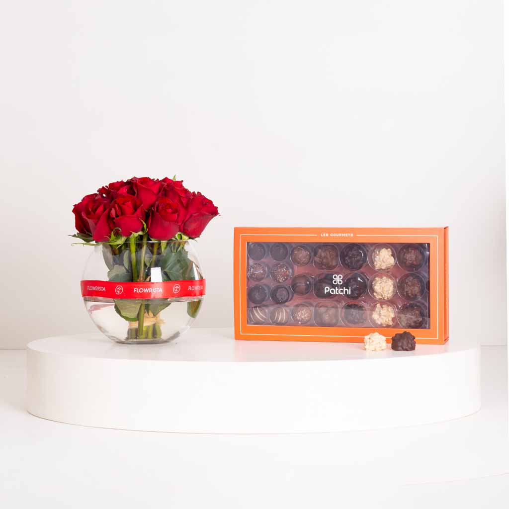 product-image-Patchi Les Gourmets 580g & 20 Red Roses Vase