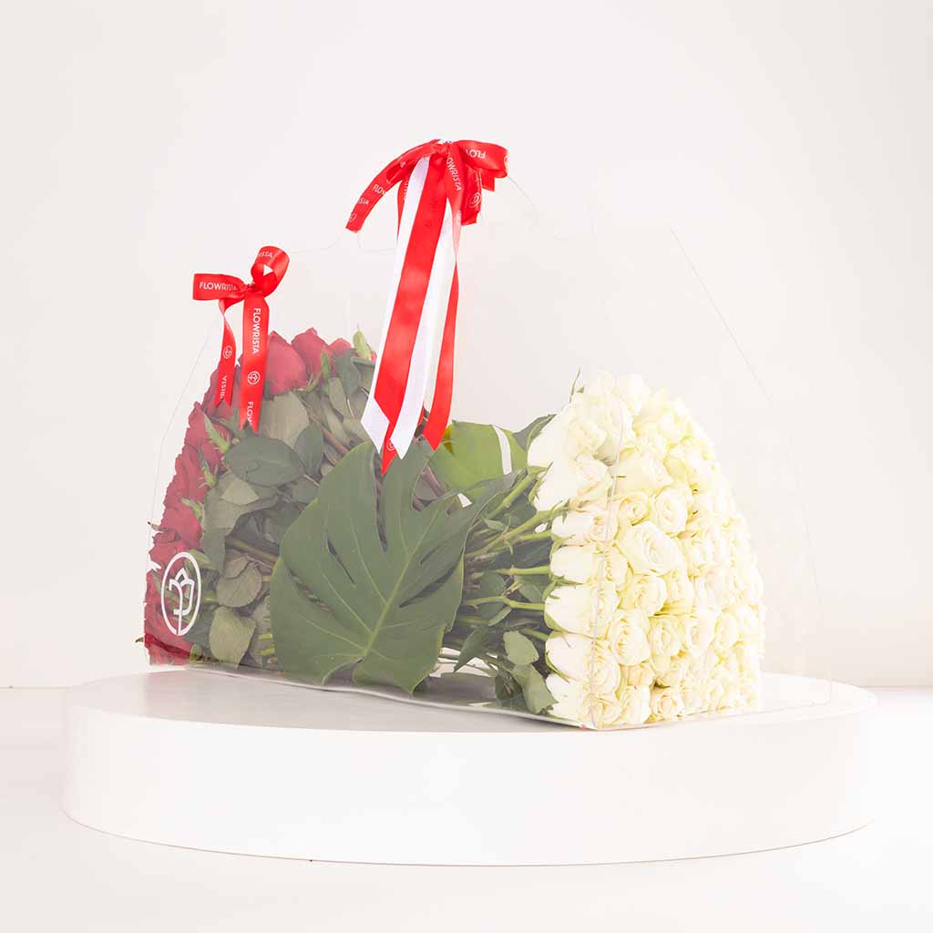 product-image-Flowrista Red & White Roses Acrylic Bag - 100 Stems