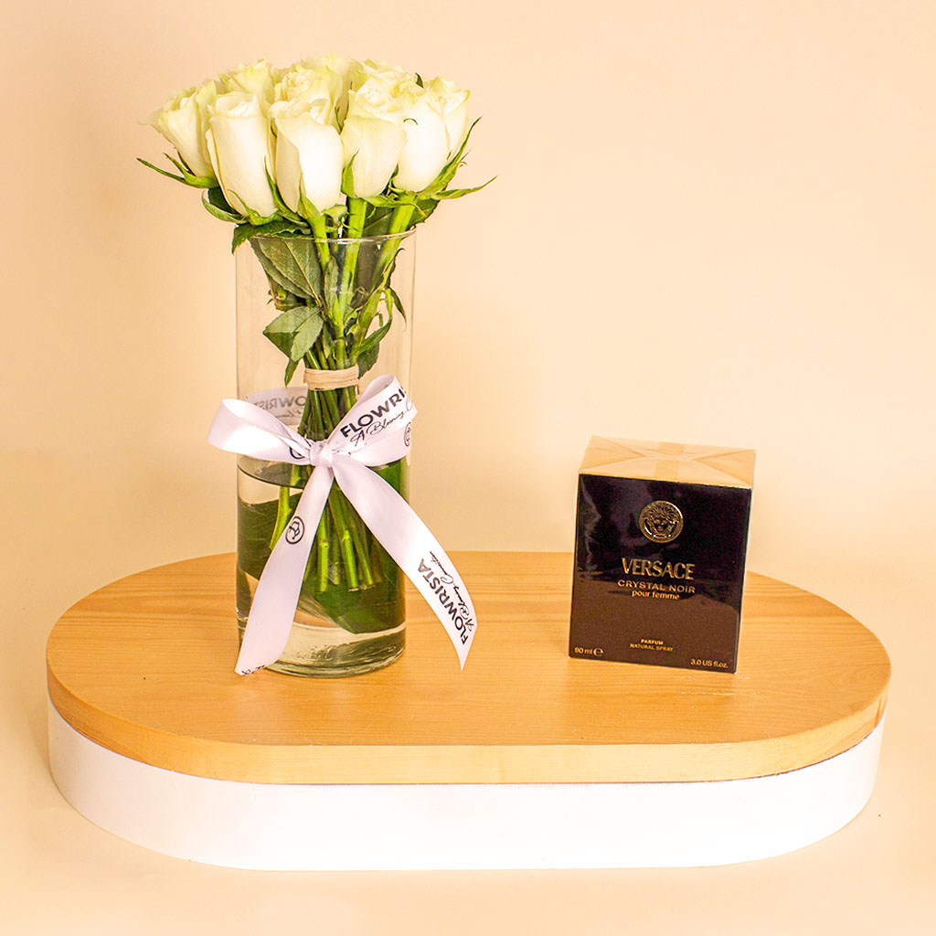 product-image-Versace Crystal Noir with White Roses Vase 15 Roses