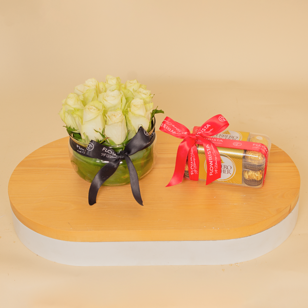 product-image-White Roses Vase with Ferrero Rocher Chocolates