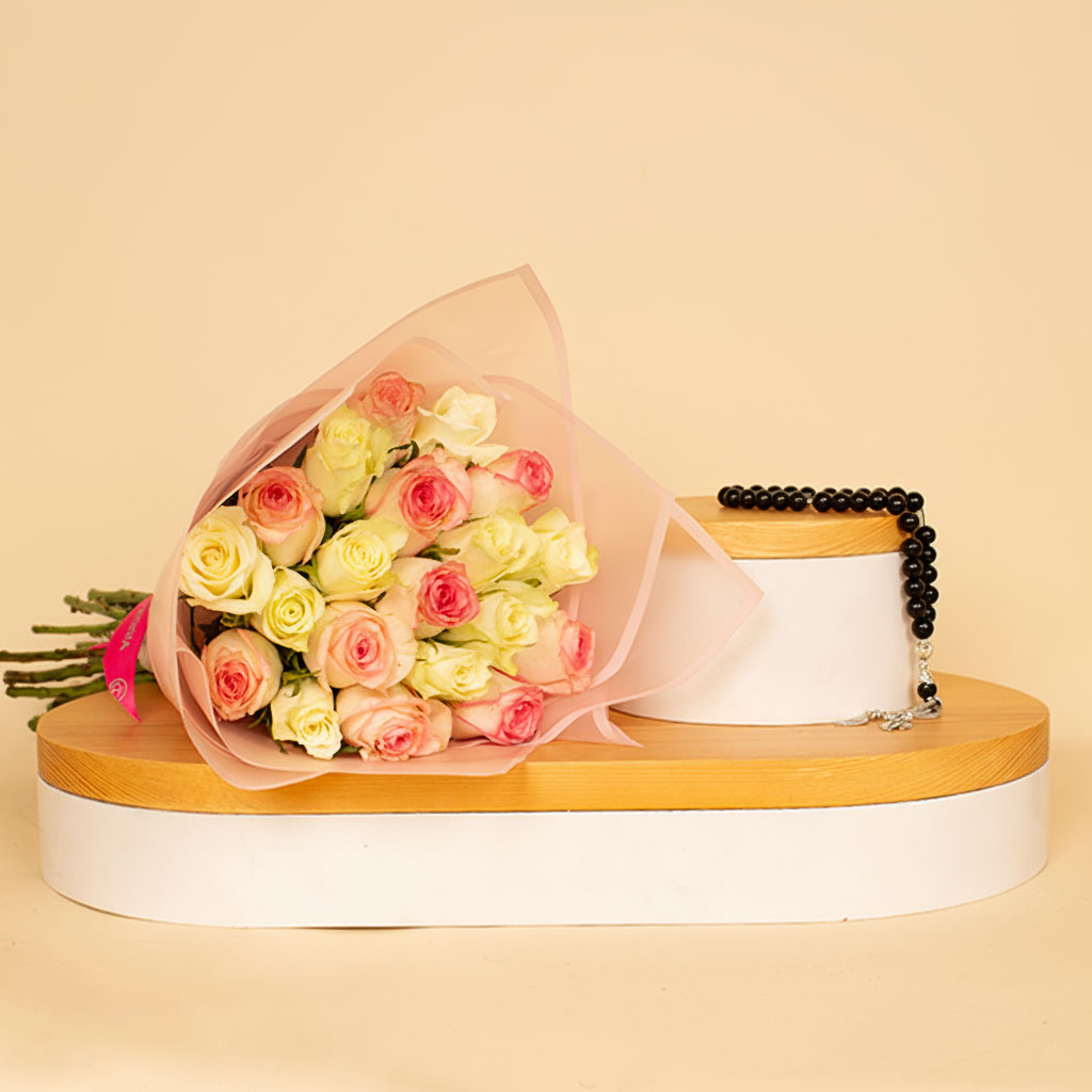 product-image-Black Onyx Misbaha | Mixed White and Pink Flower Bouquet with 20 Roses