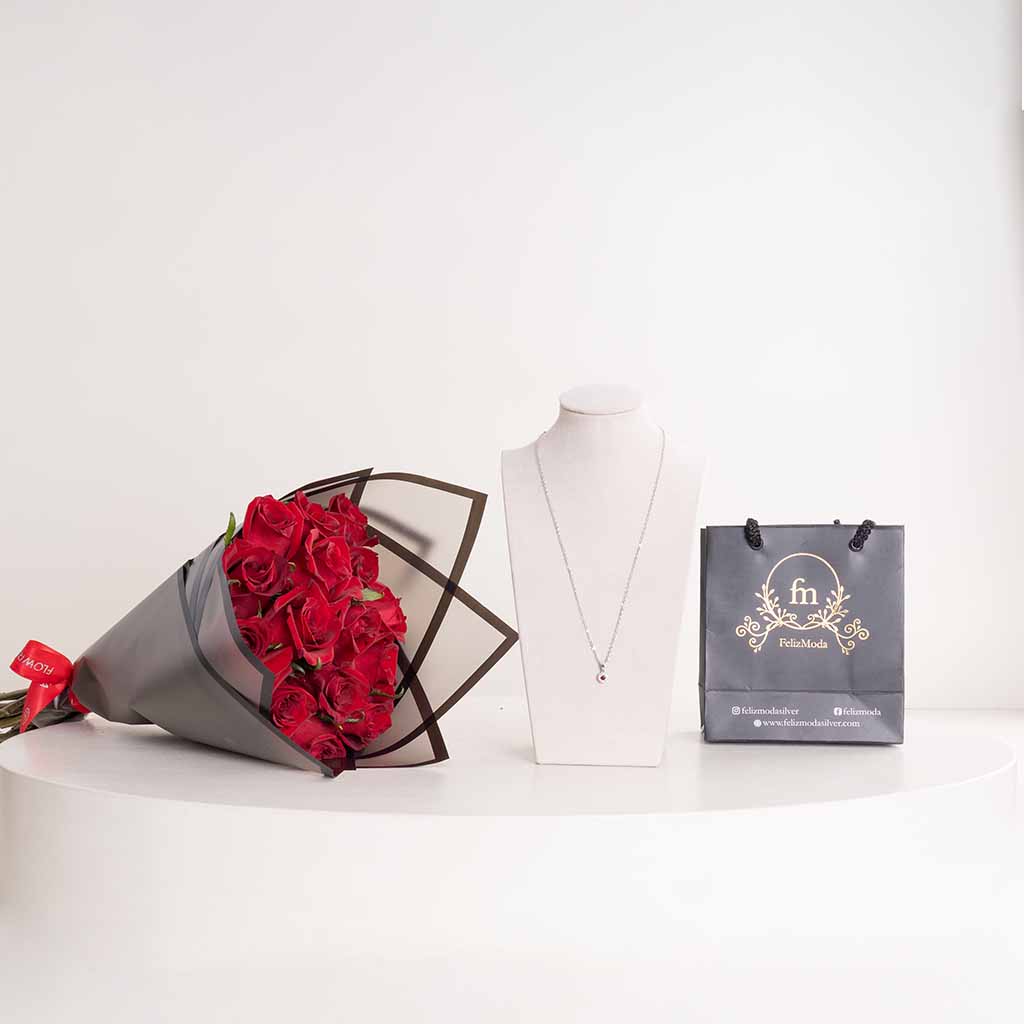 product-image-Felizmoda Silver Red Stone Pendant Necklace & Red Roses Bouquet