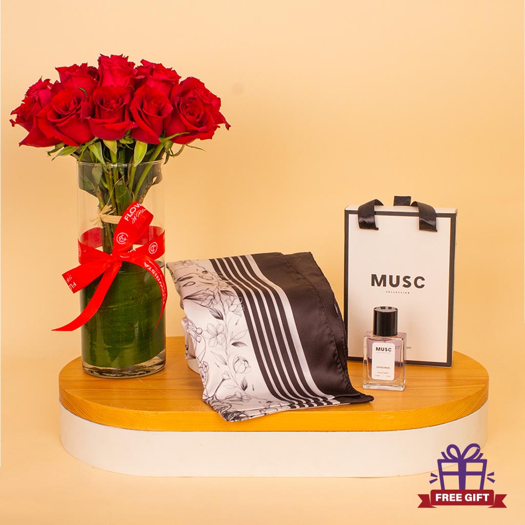 Flowrista Online Flowers Shop Coffee Musk & Hams Scarf  Roses Bundle — MUSC 30ml & Velour Hams Scarf & Red Roses