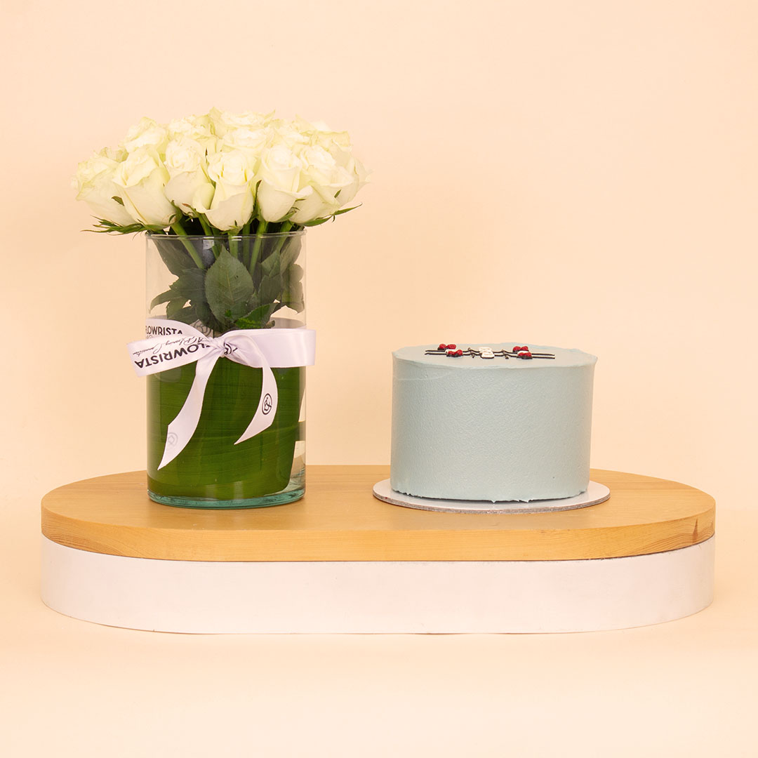 product-image-Ninos Dad Tic-Tac-Toe Cake & 15 White Roses Vase