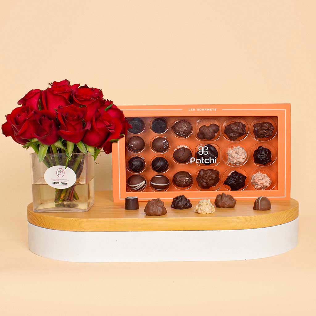 Flowrista Online Flowers Shop Patchi Box Of 46 Pieces Les Gourmets | 20 Red flower vase