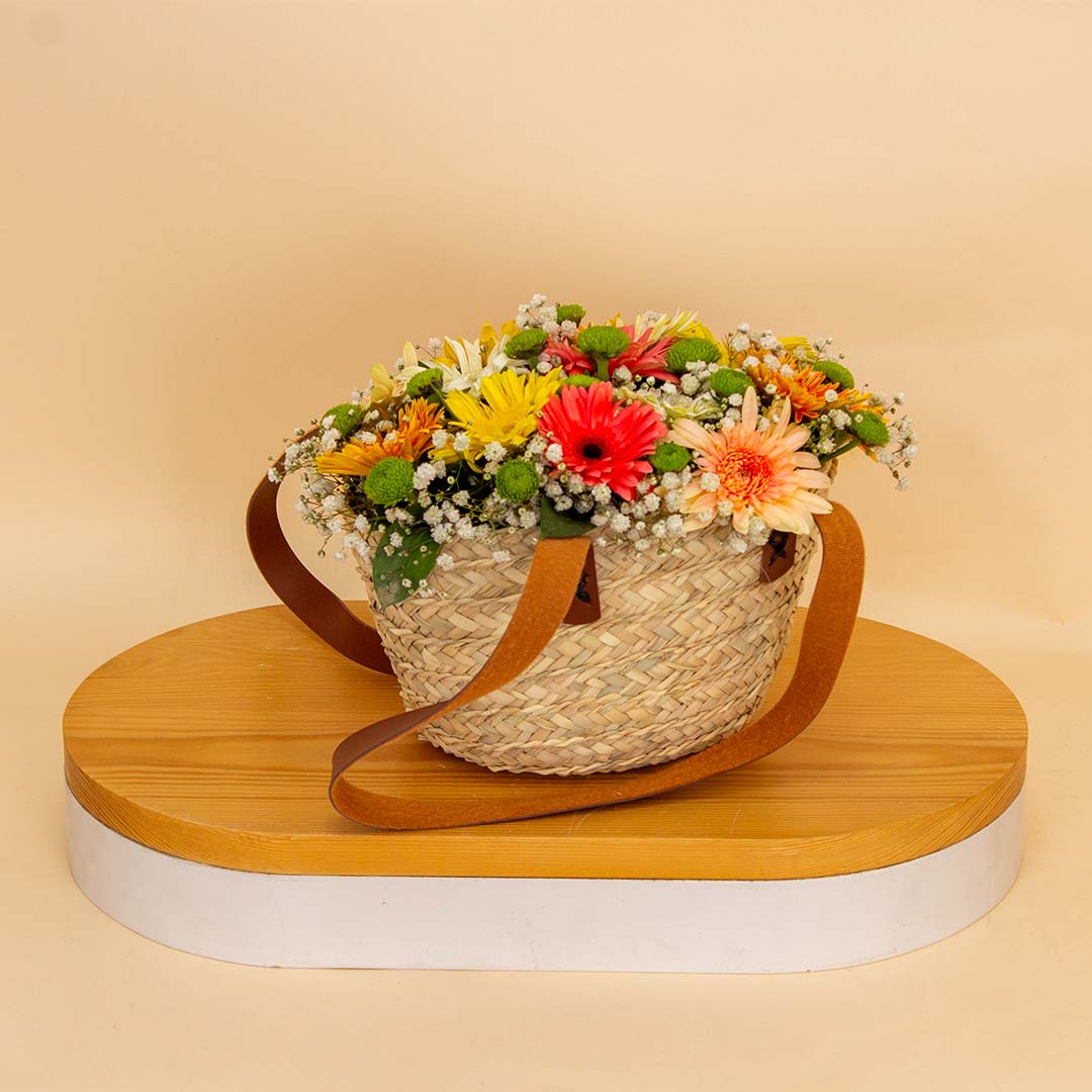 product-image-Khoos Tuta Palm Tote with Leather Handles & Mixed Flower