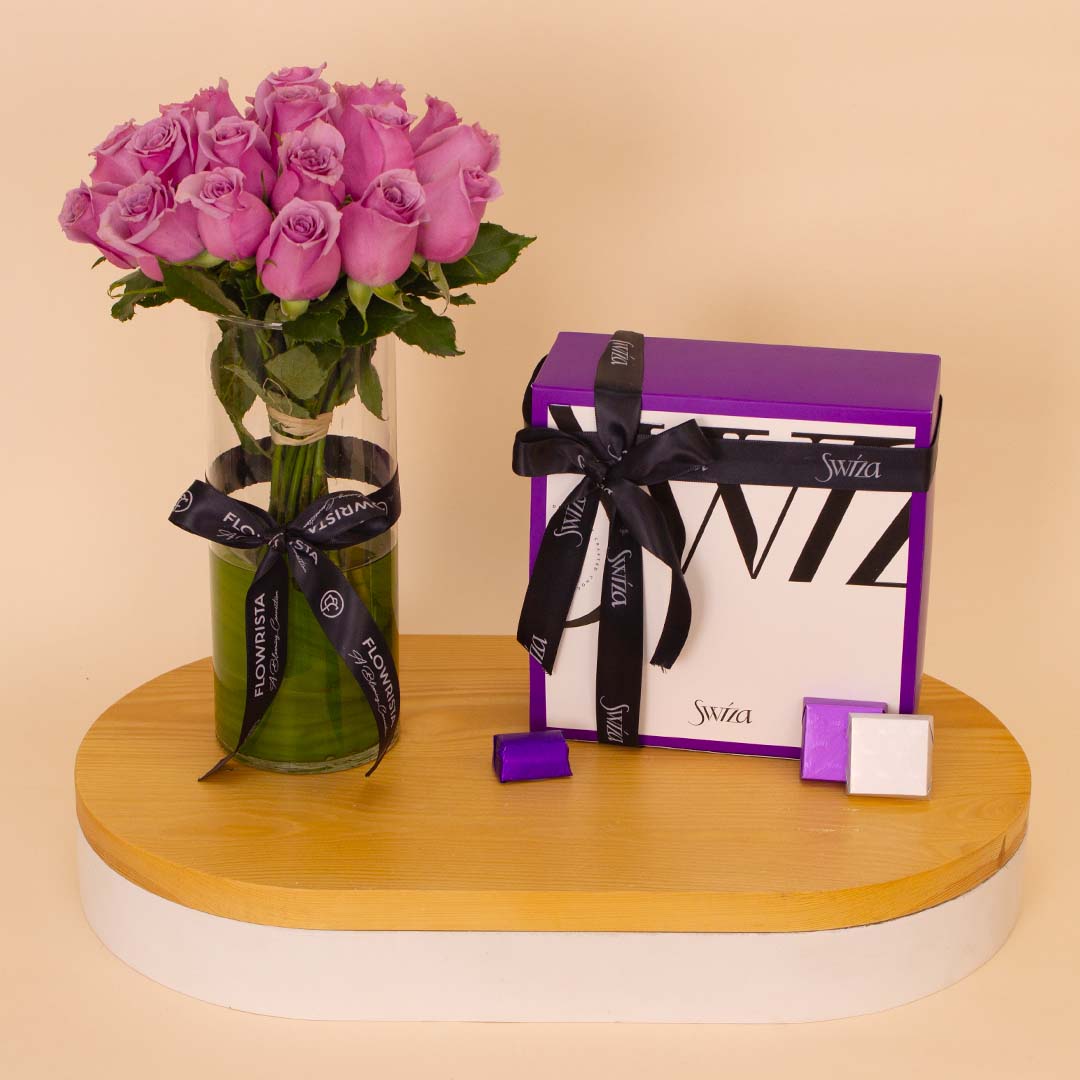 product-image-Swiza Chocolate Box 500g & Purple Roses Vase